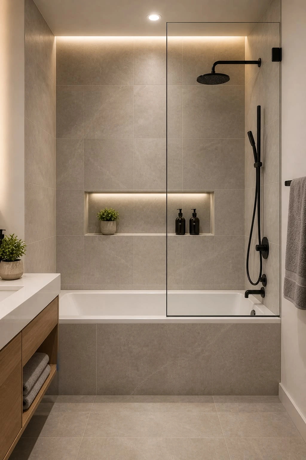 Walk-in shower with chrome fittings